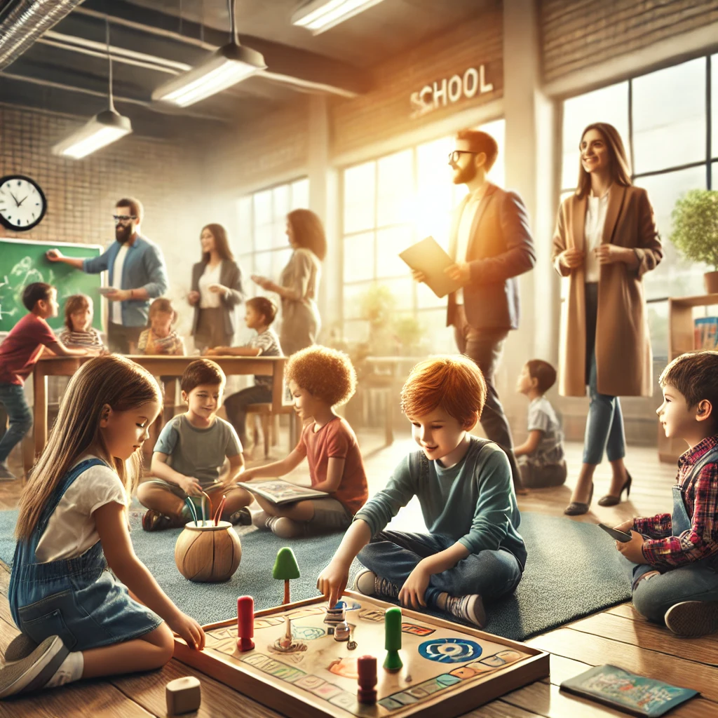 مجموعة من الأطفال يستخدمون ألعابًا تعليمية في بيئة مدرسية حقيقية.