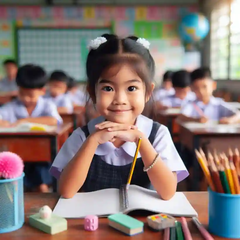 الصورة لاطفال حقيقية لأطفال بيمارسوا الدراسة في بيئة ملهمة لتحسين الأداء الدراسي و الخلفية هي فصل دراسي و امام كل طفل او طالب الدسك الخاص به عليه كتب و مقلمة و اقلام