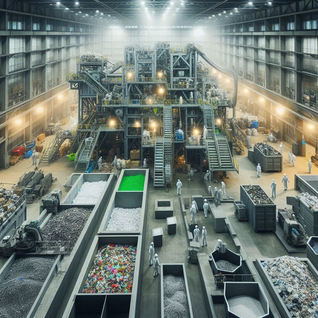 مصنع حديث لإعادة تدوير النفايات، مع آلات كبيرة ومعقدة تعمل على فرز ومعالجة المواد المختلفة. العمال يرتدون ملابس واقية ويشرفون على العمليات. الأضواء الساطعة تضيء المكان، مع وجود أكوام من المواد المعاد تدويرها مرتبة بشكل منظم. الألوان الرئيسية هي الرمادي والأخضر، مما يعكس البيئة الصناعية والاهتمام بالبيئة