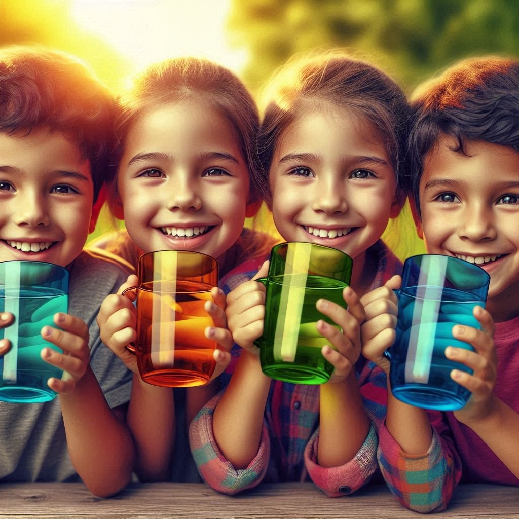 أطفال بيمارسوا شرب الميه باستخدام أكواب ملونة