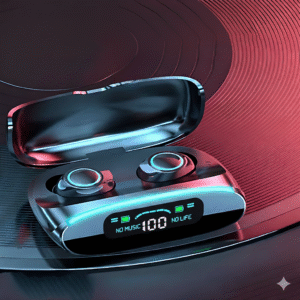 سماعات Airpods M38 وايرلس، مع علبة شحن بشاشة رقمية بتعرض نسبة البطارية.