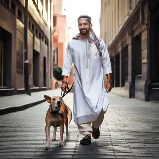 صورة واقعية لشاب يقوم بالتمشية في الشارع مع كلب مربوط بطوق