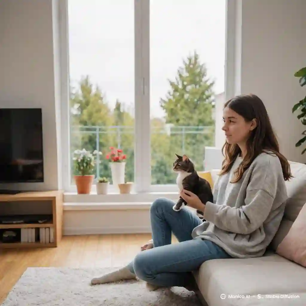 صورة طبيعية لمجموعة من الحيوانات التي تعيش في غرفة معيشه و بجوارها الطعام و الشراب الخاص بهم و مجموعه من العاب الحيوانات و الخلفية بها سيده عشرينية تقوم بالجلوس على الاريكه تشاهد التلفاز و بجوارها قطه و خلفها نافذه كبيره قم بإستعمال الالوان الطبيعية الهادئه