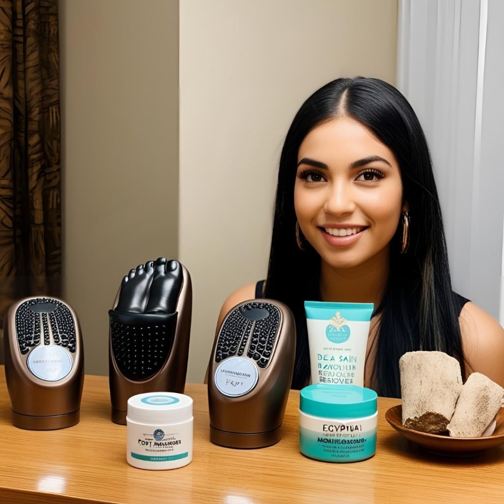 صورة تعرض أجهزة تدليك القدمين وكريمات مرطبة وأدوات إزالة الجلد الميت