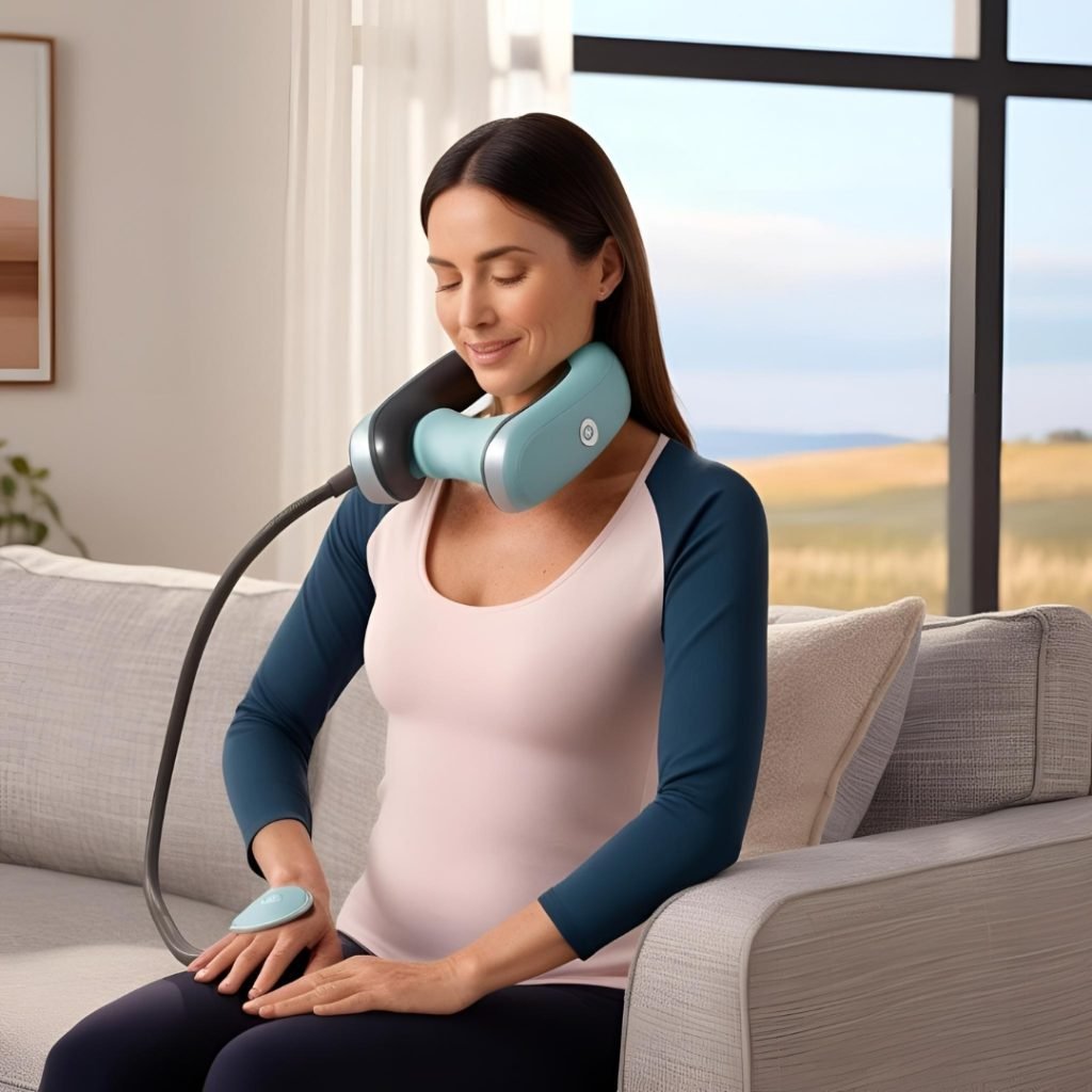 صورة لسيدة تقوم بتدليك نفسها عن طريق جهاز للمساج في المنزل على الاريكه و في الخلفية نافذه بها مناظر طبيعية مع اضائة ناعمة