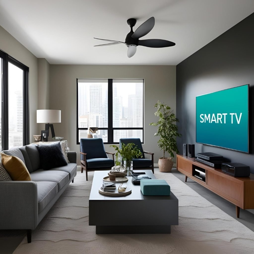 صورة توضح غرفة معيشة حديثة مع تلفاز ذكي وملحقات ترفيهية لتحسين تجربة الترفيه المنزلي