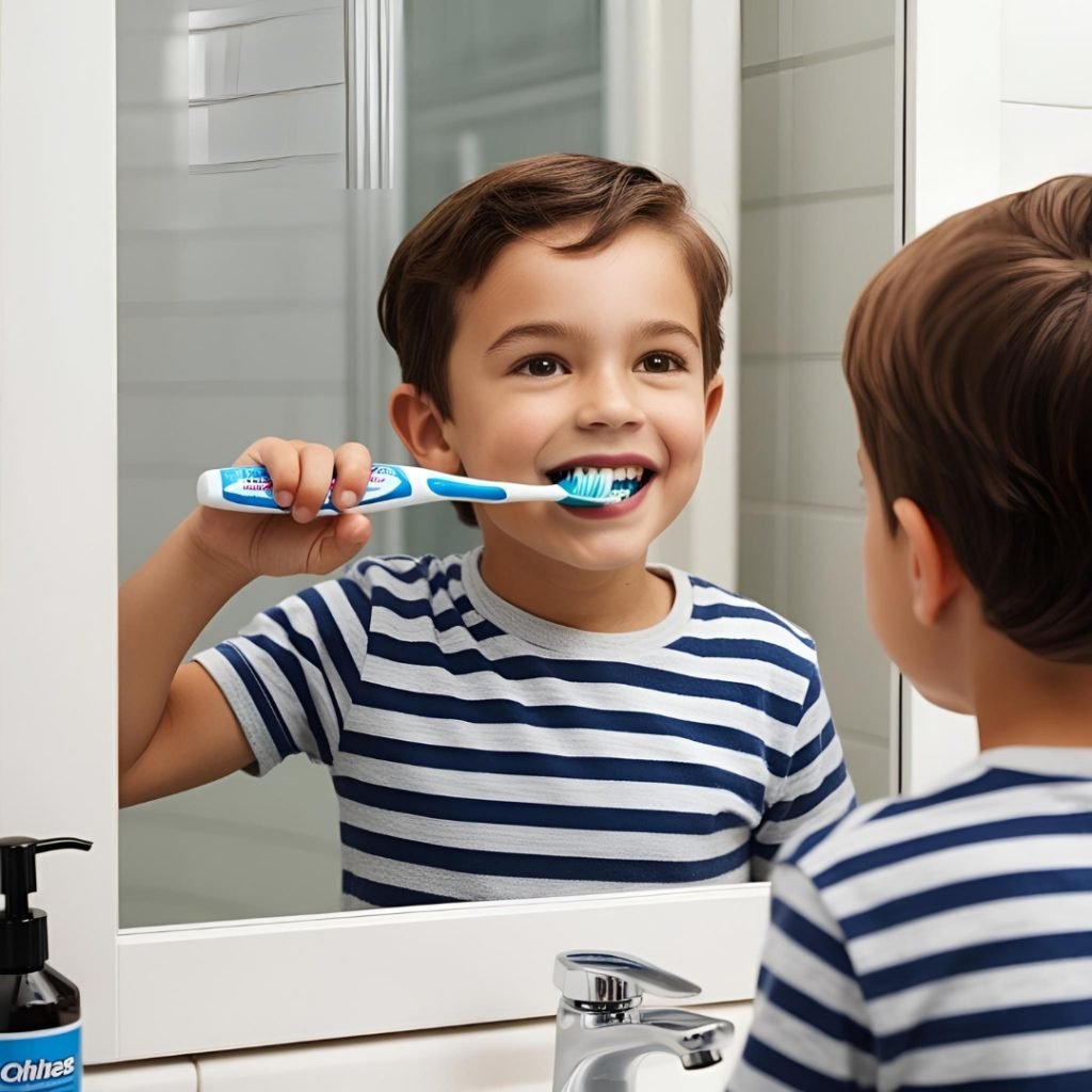 صورة توضح طرق الحفاظ على صحة الأسنان باستخدام الفرشاة، الخيط الطبي، وغسول الفم