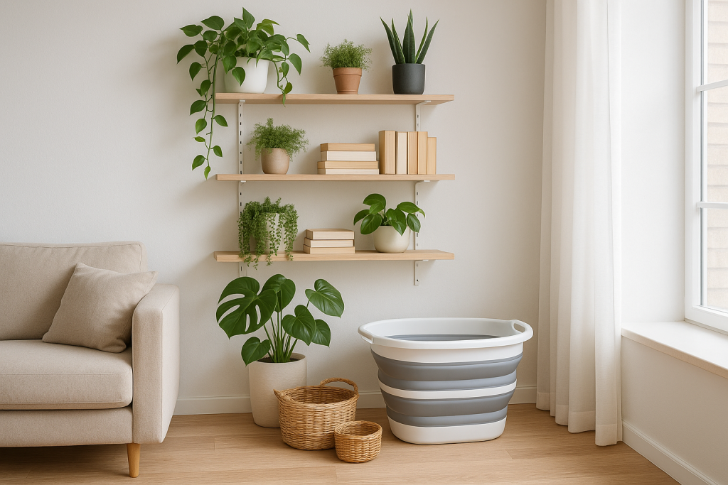 ركن مع رفوف عمودية وسلة غسيل قابلة للطي في غرفة معيشة صغيرة