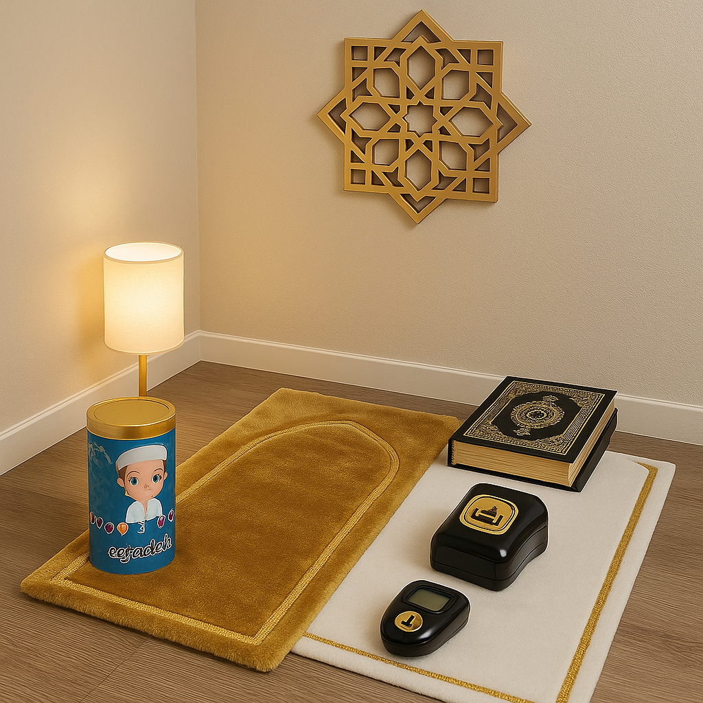 ركن صلاة منزلي مزين بسجادة ومصلى ومسبحة إلكترونية