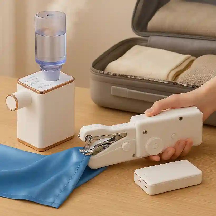 أدوات السفر المحمولة تشمل غلاية ماء كهربائية وماكينة خياطة يدوية
