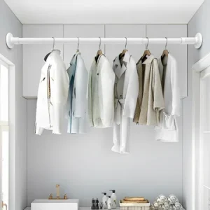 عصا ستارة وستاند ملابس أبيض قابل للتعديل من 110 إلى 200 سم مع مقابض مطاطية مانعة للانزلاق