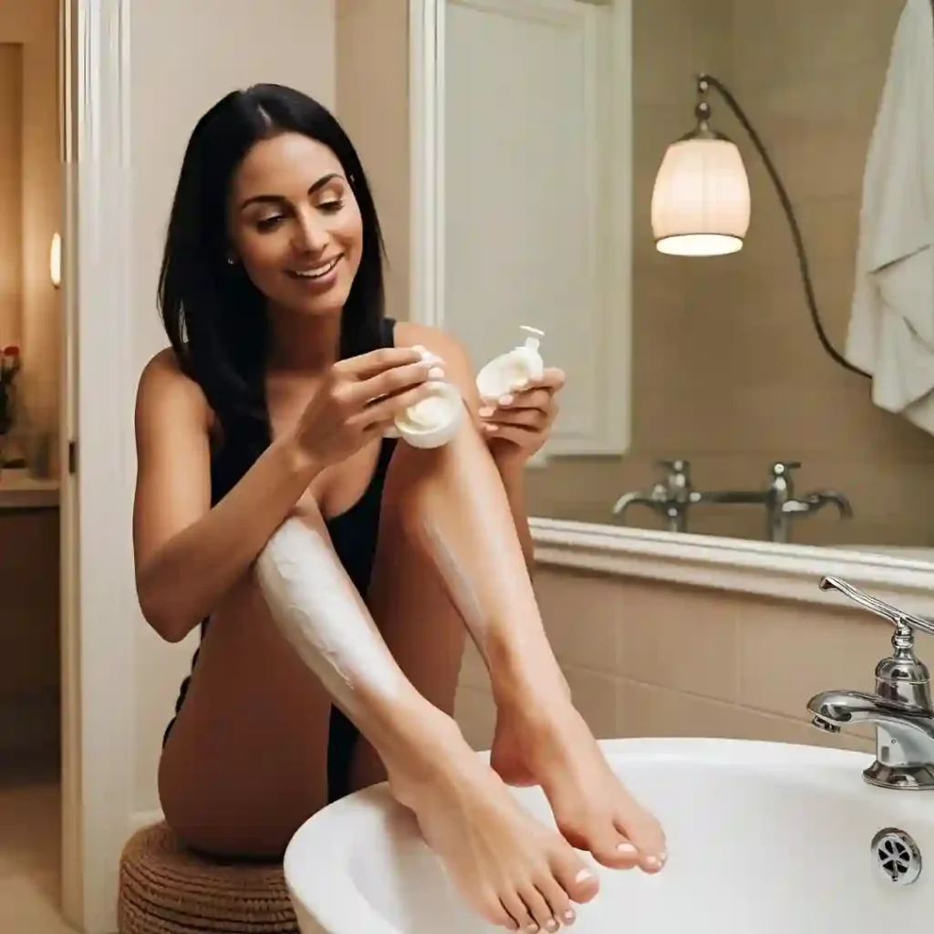 فتاة تطبق جل الألوفيرا للعناية بالبشرة بعد إزالة الشعر