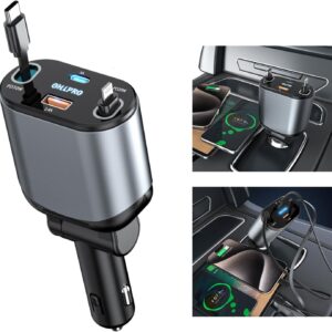 شاحن سيارة ذكي متعدد المخارج مع شاشة رقمية وكابلات قابلة للسحب