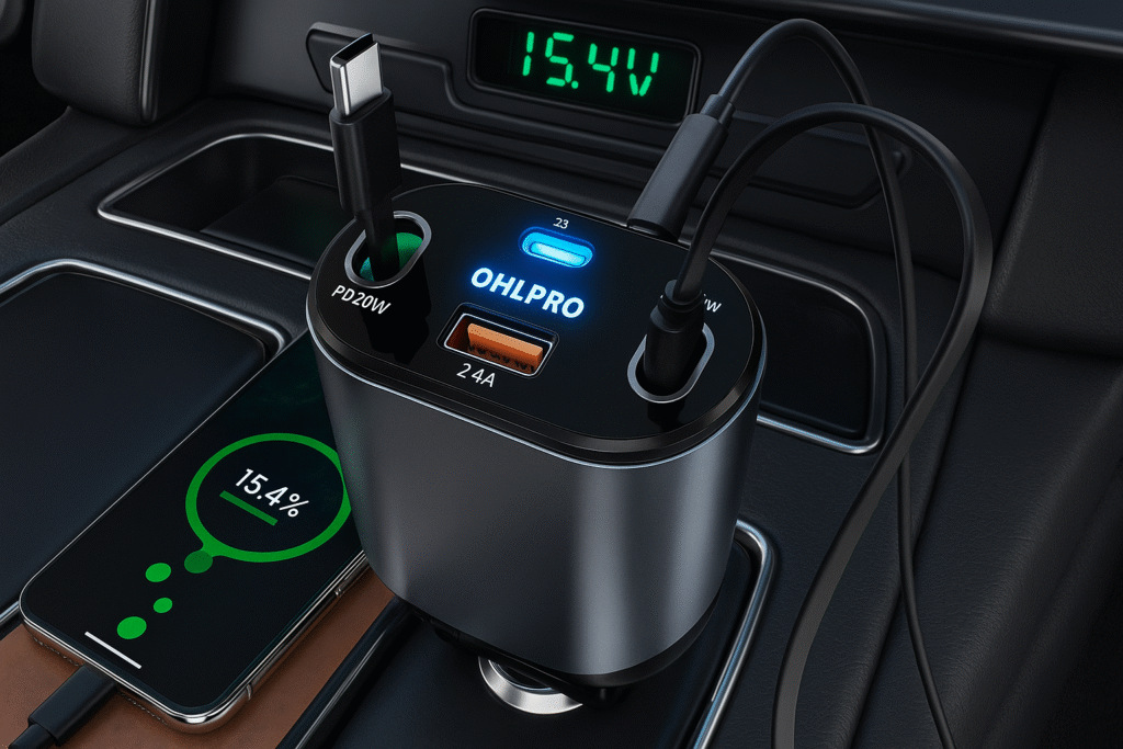 Multi Car Charger 4-in-1 with Retractable Cables and Voltage Display