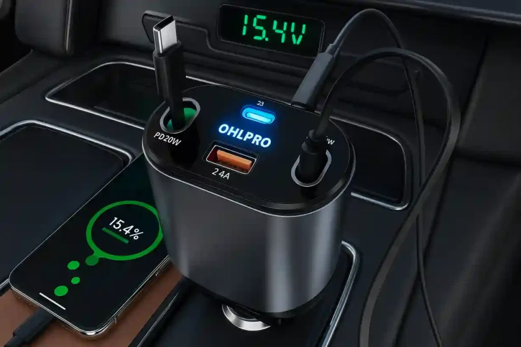 Multi Car Charger 4-in-1 with Retractable Cables and Voltage Display