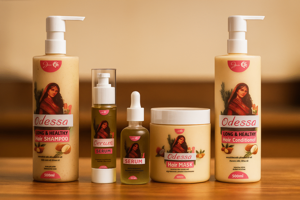 مجموعة أوديسا للعناية بالشعر تحتوي على شامبو وبلسم وسيروم وقناع مع عبوات أنيقة