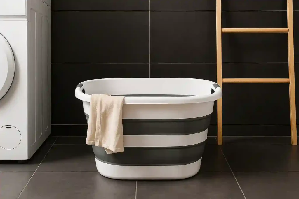 سلة غسيل مصنوعة من سيليكون قابلة للطي بلون رمادي، بأبعاد 55×40×40 سم، موضوعة في زاوية غرفة الغسيل