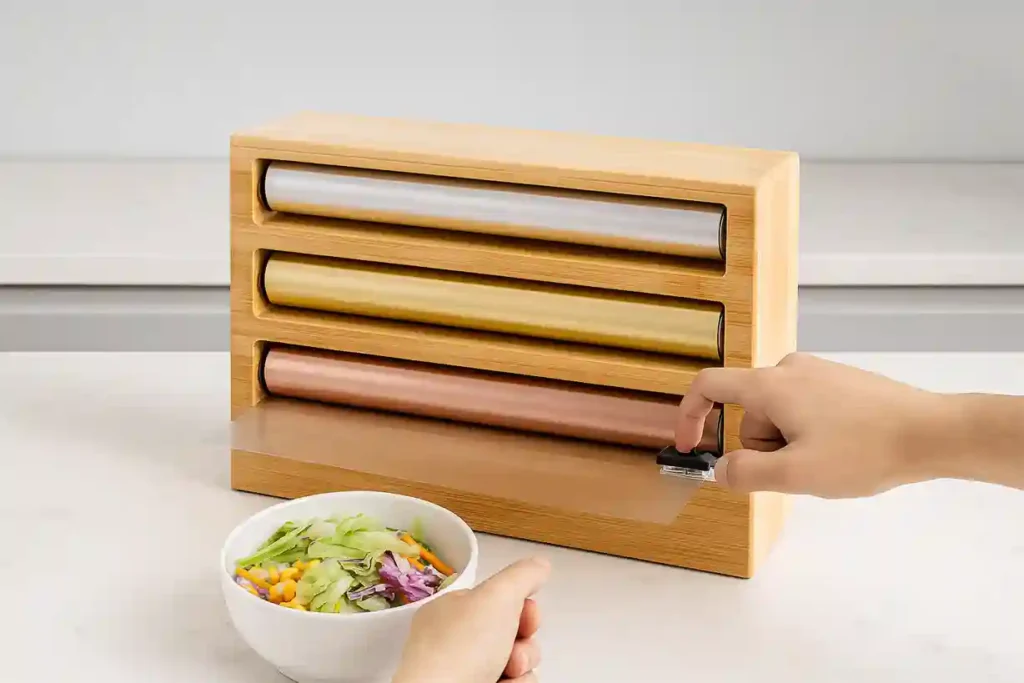 حامل فويل ثلاثي خشبي مودرن مع ثلاث بكرات فويل بألوان فضّي وذهبي