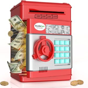 حصالة نقود إلكترونية للأطفال بلون أزرق تحتوي على لوحة أرقام مضيئة ومقبض فتح.