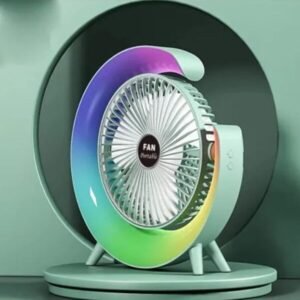 مروحة وأباجورة 2 في 1 محمولة، تدور 180 درجة، مع إضاءة ليلية ملونة وثلاث سرعات للهواء.