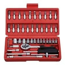 طقم معدات شنيور 46 قطعة، مصنوع من فولاذ كروم فاناديوم، مع مفتاح راتشيت ومجموعة سوكيتات، في علبة تخزين قوية.