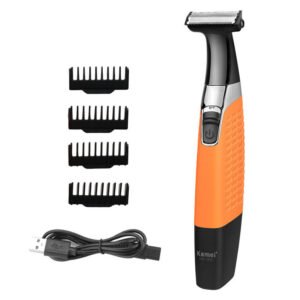 ماكينة حلاقة كيمي KM-1910، تصميم مضاد للمياه، تعمل بالشحن، وفيها شاحن USB.