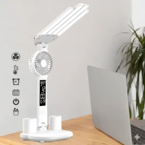أباجورة مكتب LED ذكية، مع مروحة تهوية، شاشة رقمية (ساعة وحرارة)، وحامل أقلام.