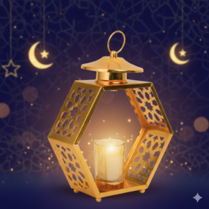 فانوس سداسي معدني فاخر باللون الدهبي/الفضي، مناسب لديكور رمضان والشمع.