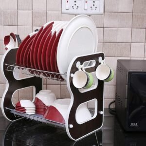 مطبقية استيل 2 دور مع خشب لتنظيم الصحون والملاعق في المطبخ