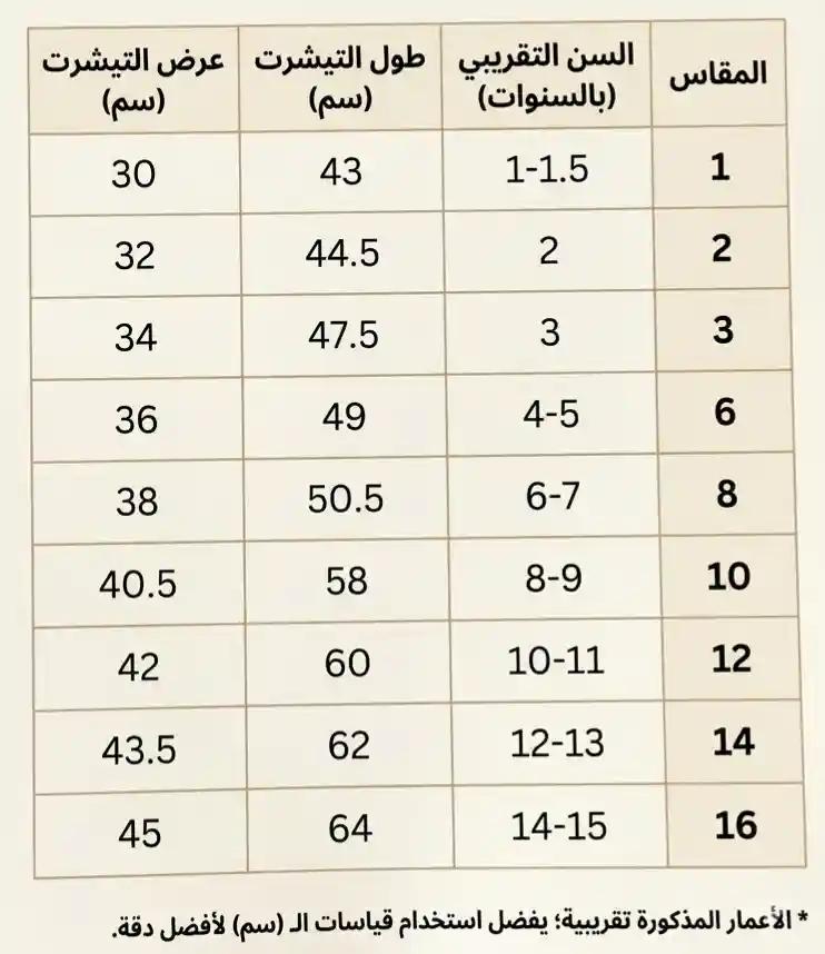 مقاسات طقم GUCCI أطفال وشباب جدول مقاسات طقم GUCCI أطفال وشباب